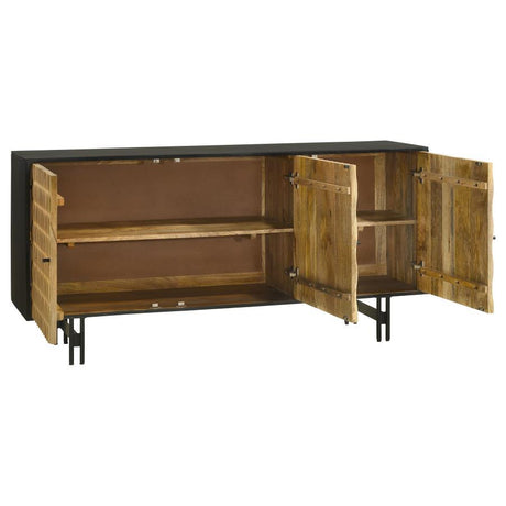Aminah 3-Door Wood Accent Cabinet – Natural Mango Wood with Black Finish, 3D Tile Carved Doors, Modern Storage Cabinet for Living Room & Bedroom