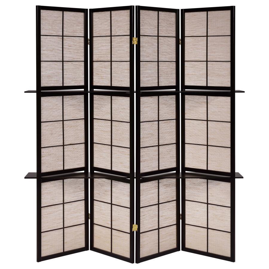 Iggy 4-Panel Folding Shoji Screen Room Divider – Cappuccino Finish with Hinged Panels, Decorative Tan Panels, and Functional Shelving