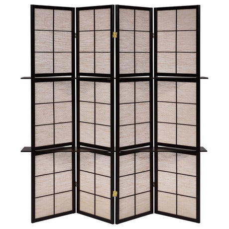 Iggy 4-Panel Folding Shoji Screen Room Divider – Cappuccino Finish with Hinged Panels, Decorative Tan Panels, and Functional Shelving