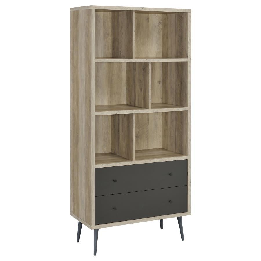 Maeve - 3-Shelf Bookcase with Drawers in Distressed Pine – Scandinavian-Inspired Vertical Storage with Dividers, Drawers, and Tapered Metal Legs