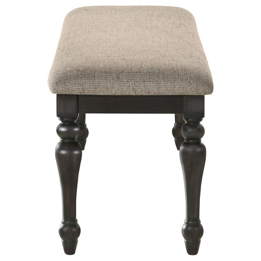 Bridget Fabric Upholstered Dining Bench – Stone and Charcoal Finish, Backless Seating, Turned Legs, Comfortable Foam Cushion, Traditional Elegance