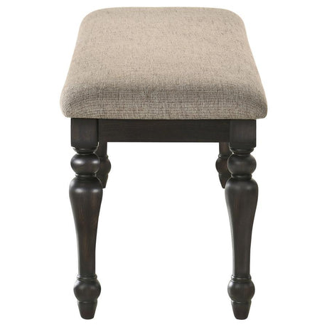 Bridget Fabric Upholstered Dining Bench – Stone and Charcoal Finish, Backless Seating, Turned Legs, Comfortable Foam Cushion, Traditional Elegance