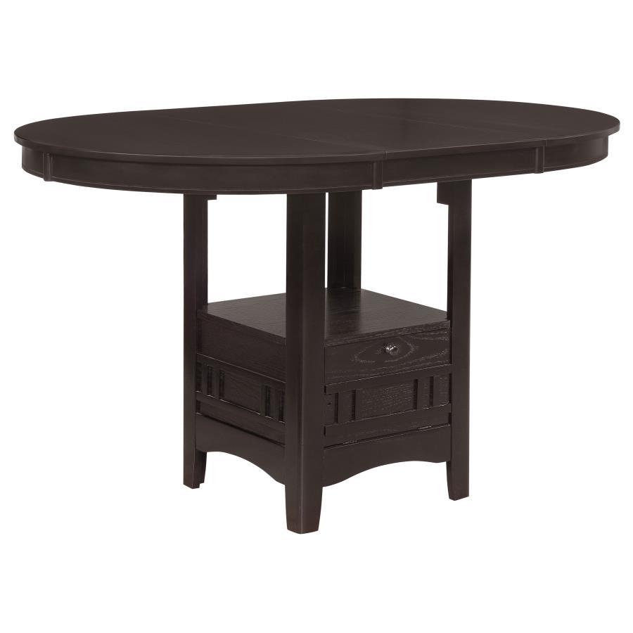 Lavon Oval Extension Counter Dining Table – Espresso Wood Table with 18" Leaf, Storage Base & Shelf for Glassware, Perfect for Modern Entertaining