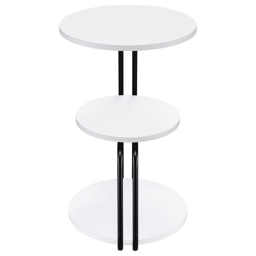 Hilly 3-Tier Round Accent Side Table – White and Black Contemporary End Table with Sturdy Metal Frame, Versatile Shelves, Perfect for Living Room Decor