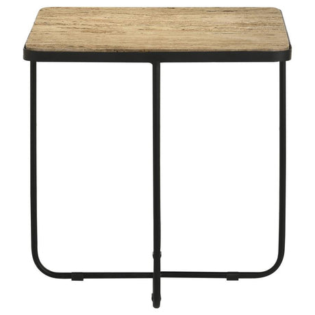 Elyna Square Stone Top Accent Side Table – Beige Travertine Top, Matte Black Iron Base, Modern Geometric Design, Versatile Living Room or Bedroom Table