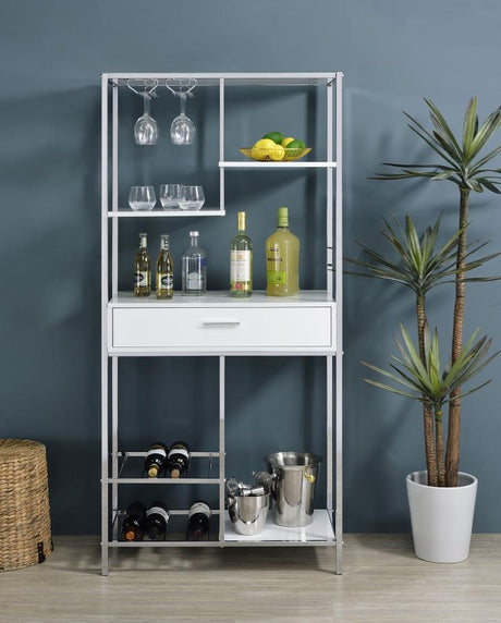 Figueroa 5-Shelf Wine Storage Bar Cabinet – White High Gloss Modern Home Bar with LED Lighting, Pull-Out Drawer, and Stemware Racks