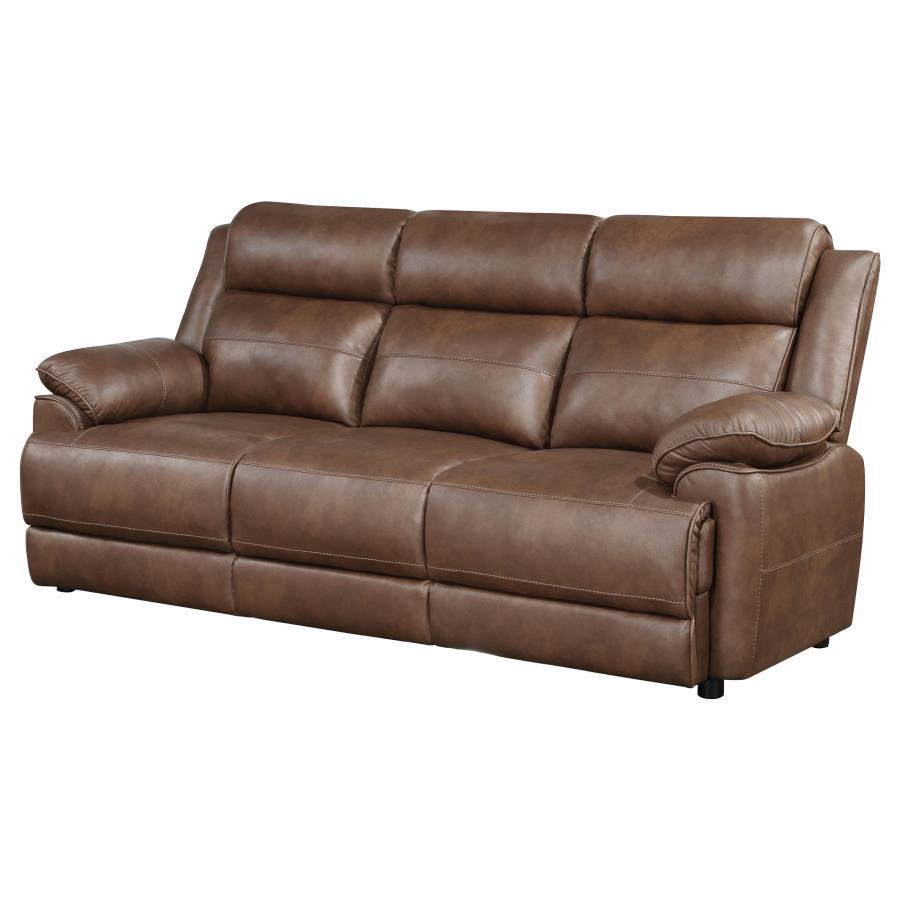 Ellington Upholstered Padded Arm Sofa, Faux Leather, Pillowtop Arms, Pocket Coil Seating, Plush Cushions, Dark Brown, Transitional Living Room Sofa