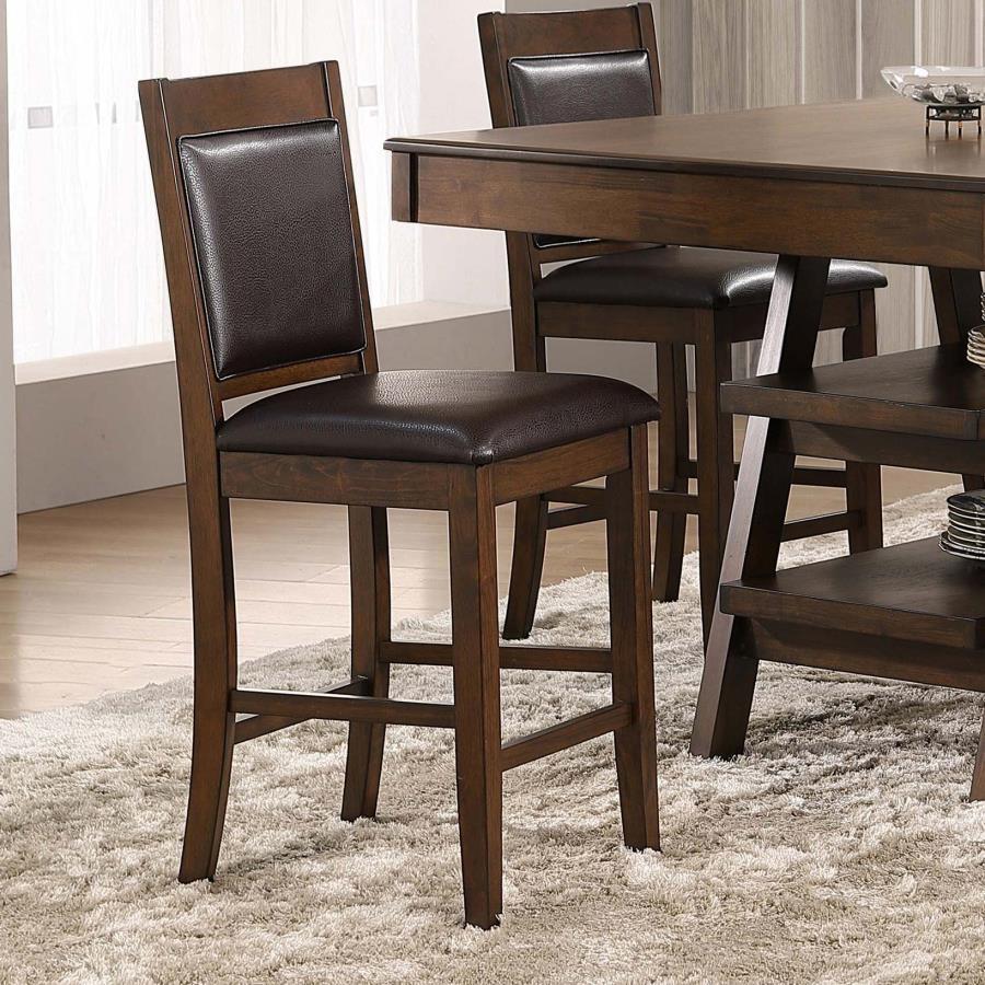 Dewey Upholstered Counter Chair Set of 2, Walnut Finish Rubberwood Frame, Brown Faux Leather Padded Seat and Back, Woven Panel Detail, Modern Design