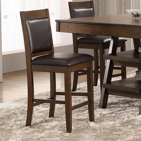 Dewey Upholstered Counter Chair Set of 2, Walnut Finish Rubberwood Frame, Brown Faux Leather Padded Seat and Back, Woven Panel Detail, Modern Design