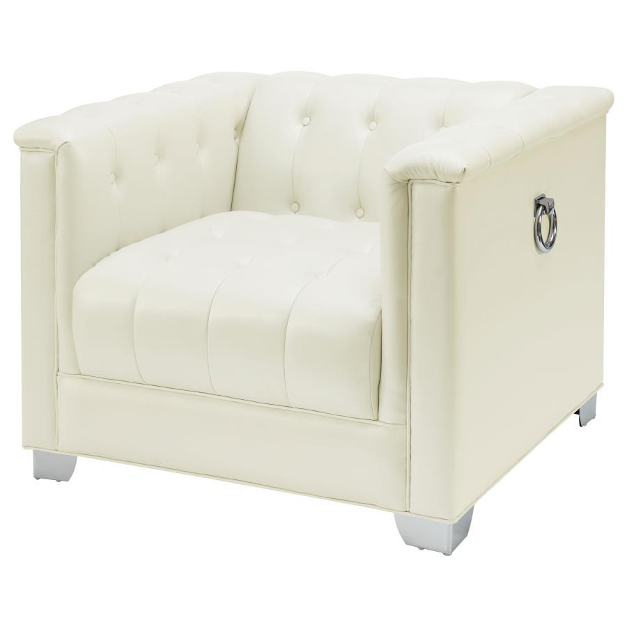 Chaviano Upholstered Track Arm Accent Chair in Pearl White – Modern Tuxedo Silhouette with Deep Button Tufting, Chrome Legs & Decorative Doorknockers