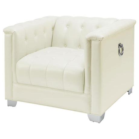 Chaviano Upholstered Track Arm Accent Chair in Pearl White – Modern Tuxedo Silhouette with Deep Button Tufting, Chrome Legs & Decorative Doorknockers