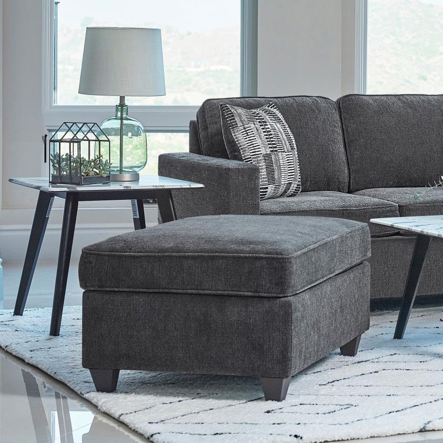 Mccord Rectangular Upholstered Ottoman – Dark Gray Transitional Accent Stool with Plush Cushion, Self-Welt Detailing, and Tapered Legs