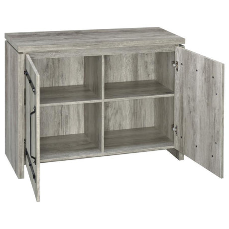 Enoch 2-Door Engineered Wood Accent Cabinet – Gray Driftwood Finish with Dark Hardware and Nailhead Accents, 4 Shelves for Storage in Living Room or Entryway