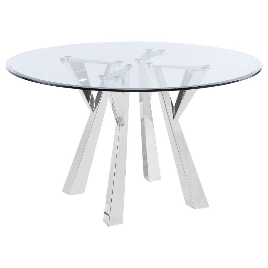 Alaia Round Clear Glass Top Dining Table – Glamorous Chrome Geometric Base, Beveled Edge Glass Surface & Stylish Modern Dining Centerpiece