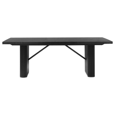 Catherine Rectangular Wood Dining Table in Sleek Black Finish with Elegant Oak Veneer Top, Fluted Tambour Pedestal Base for Modern Luxury Dining Spaces