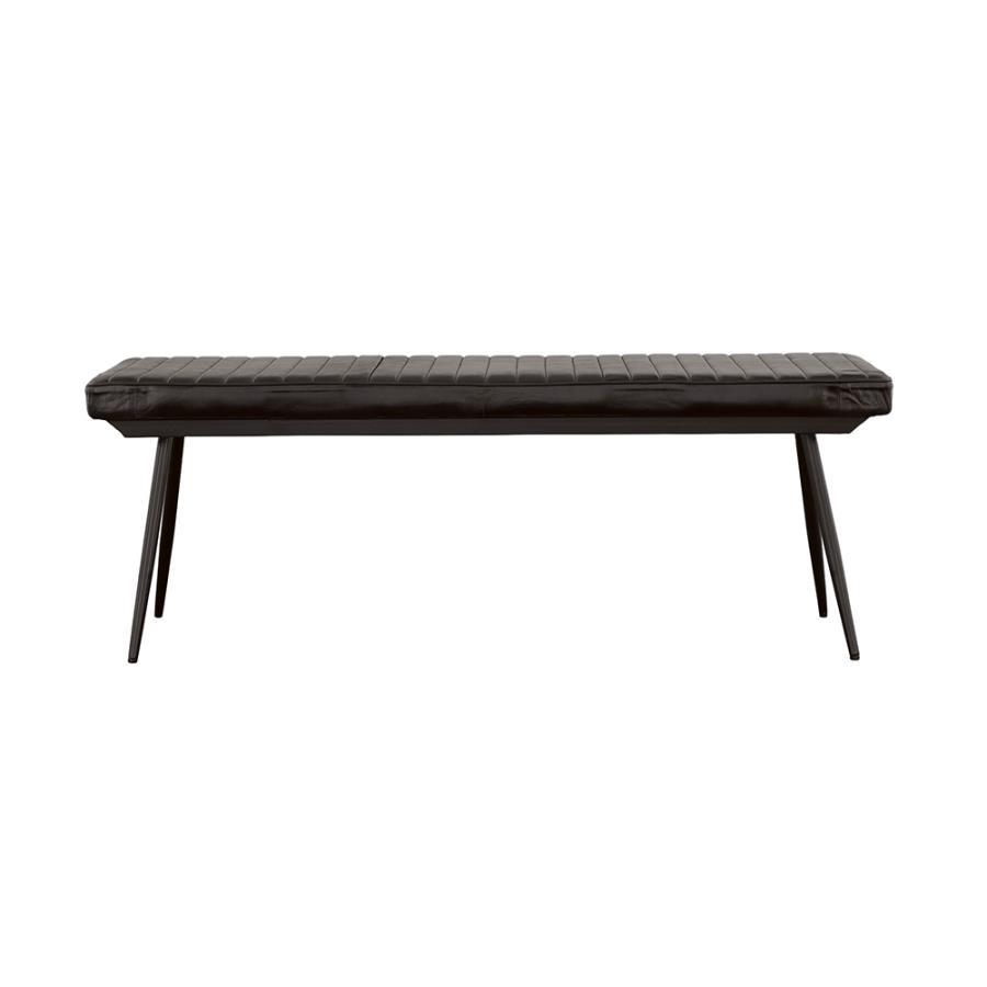 Misty Leather Upholstered Dining Bench – Hand-Dyed Goat Leather, Industrial Metal Base, Vertical Tufting, Antique Espresso, 54"W x 15"D