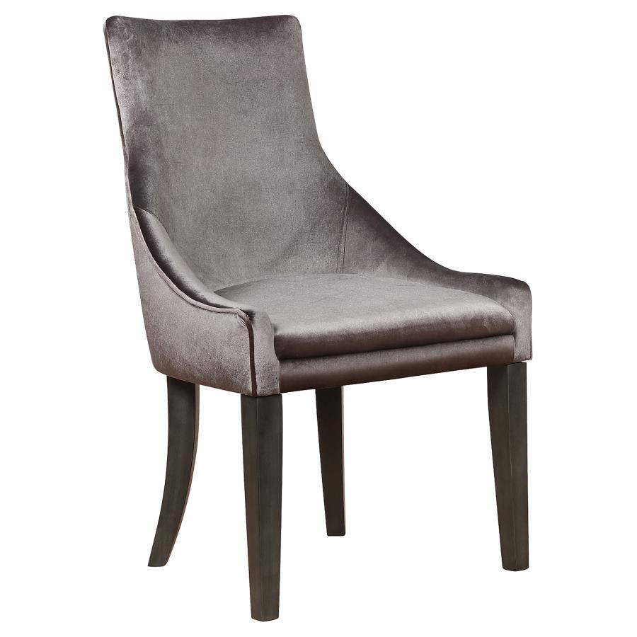 Phelps Velvet Upholstered Dining Side Chair Set of 2 – Gray Fabric with Dark Charcoal Wood Legs, Padded Seat, Sloped Molded Base, Transitional Elegance