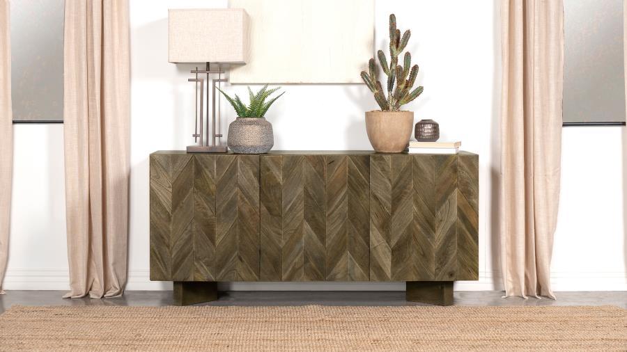 Tyler 3-Door Solid Wood Sideboard Buffet Cabinet – Mango Brown Dining Server with Chevron Pattern, Adjustable Shelves, Modern Eco-Friendly Storage