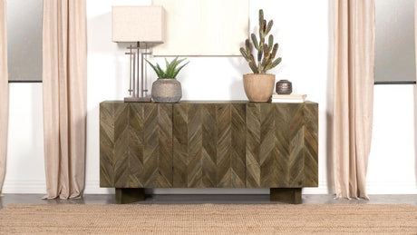 Tyler 3-Door Solid Wood Sideboard Buffet Cabinet – Mango Brown Dining Server with Chevron Pattern, Adjustable Shelves, Modern Eco-Friendly Storage