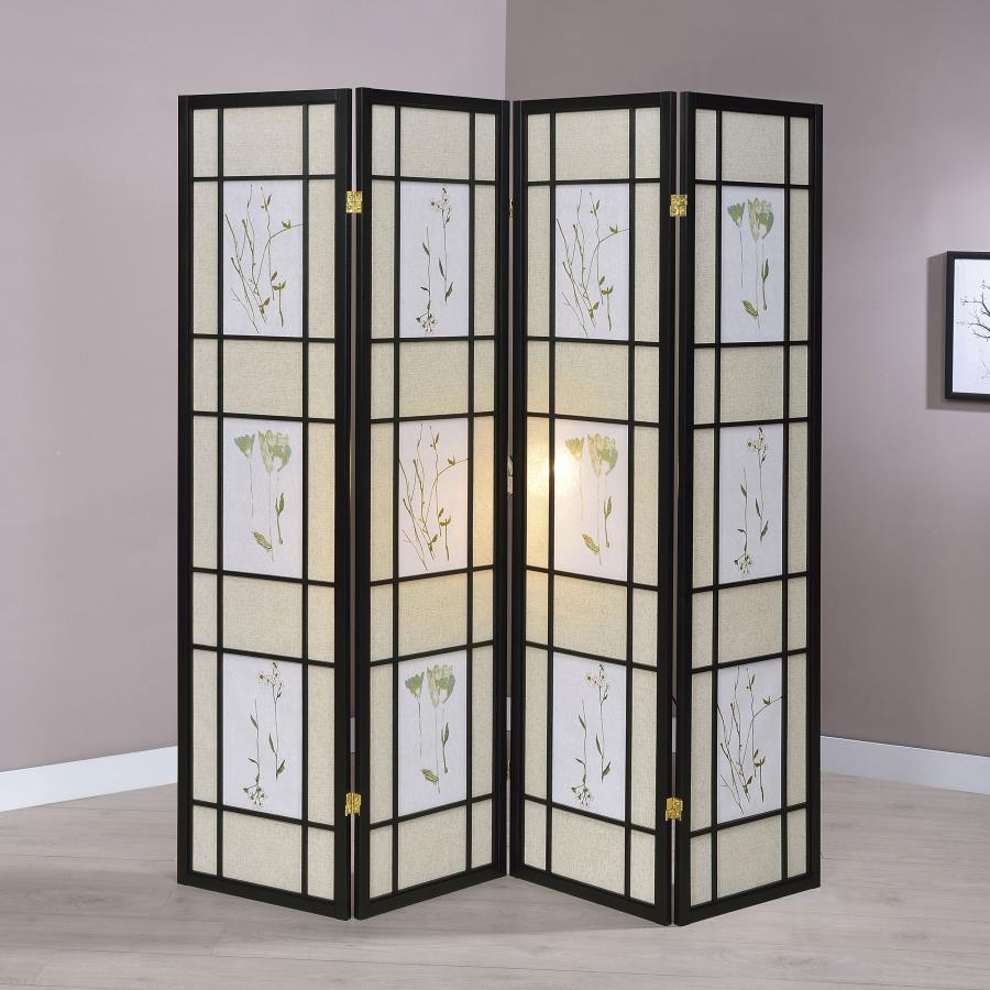 Catabella 4-Panel Room Divider Folding Shoji Screen with Floral Design – Black Frame, Privacy Screen for Bedroom, Living Room, or Office Spaces