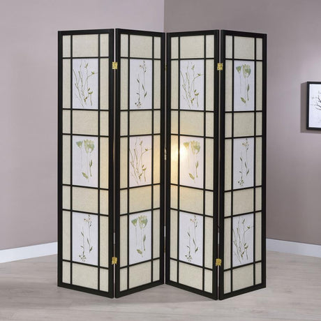 Catabella 4-Panel Room Divider Folding Shoji Screen with Floral Design – Black Frame, Privacy Screen for Bedroom, Living Room, or Office Spaces