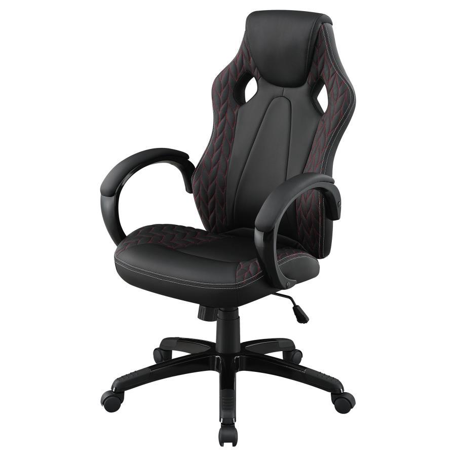 Carlos Upholstered Adjustable Home Office Desk Chair – Black Leatherette with Red Stitching, Rolling Base, Padded Arms and Headrest