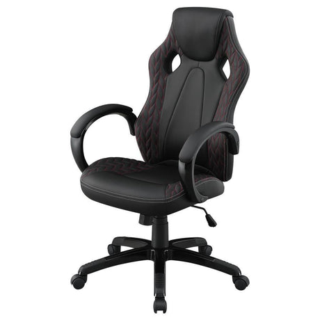 Carlos Upholstered Adjustable Home Office Desk Chair – Black Leatherette with Red Stitching, Rolling Base, Padded Arms and Headrest