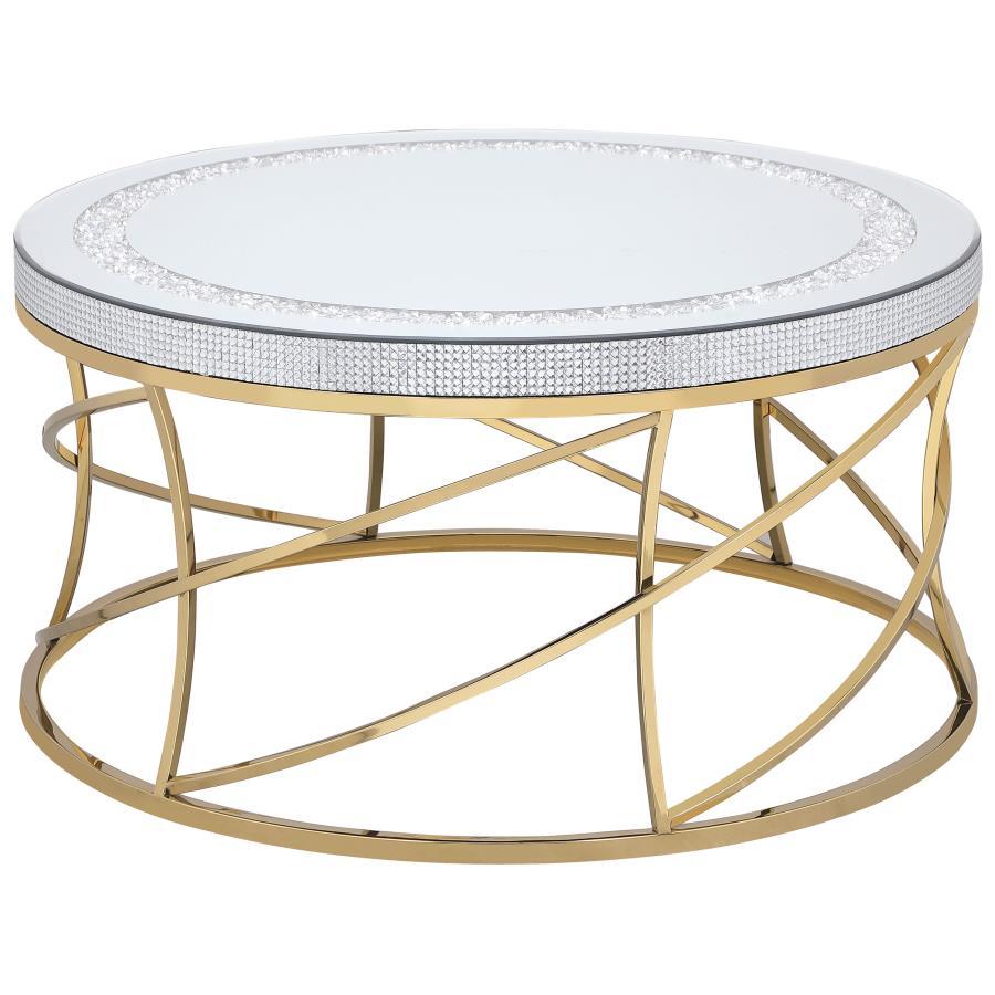 Elise Round Mirror Top Coffee Table with Gold Stainless Steel Base – Modern Accent Table with Durable Metal Frame and Sleek Contemporary Design