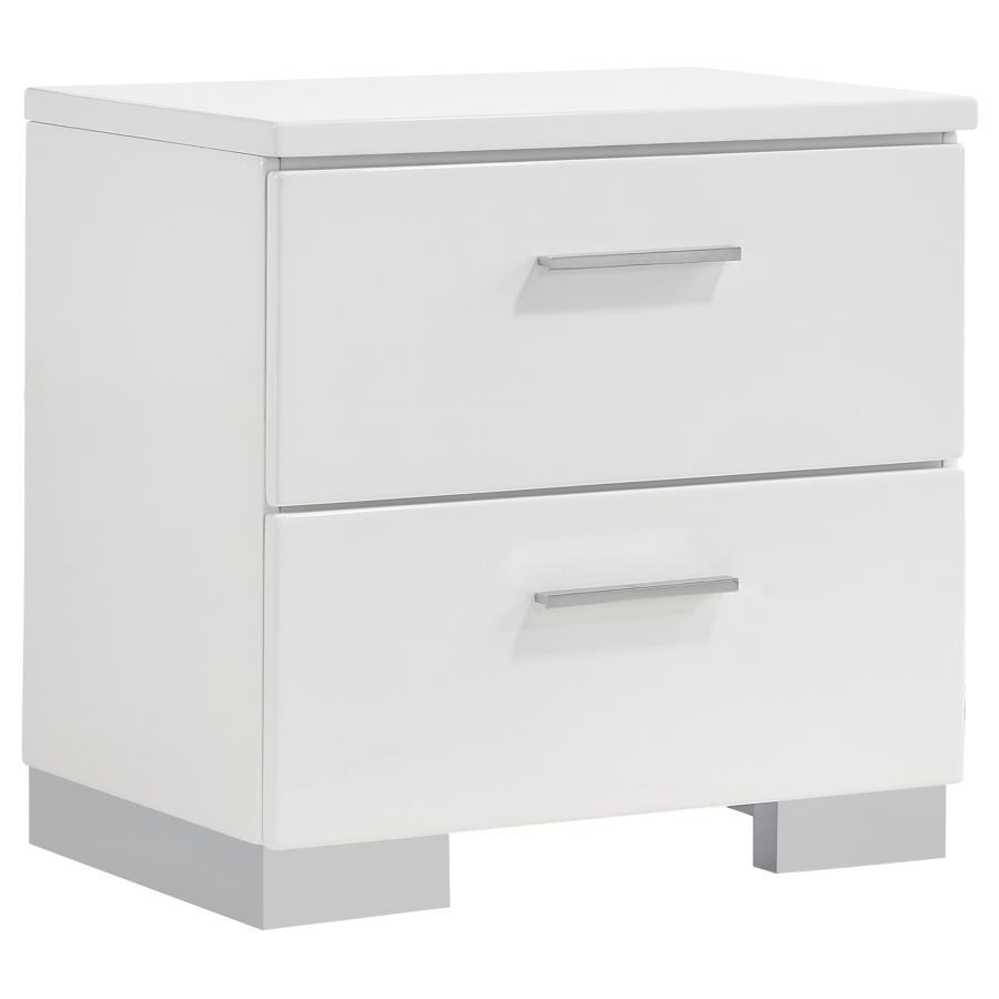 Felicity 2-Drawer Nightstand in White High Gloss – Modern Bedroom Storage with Chrome Handles, Metal Glides & Sleek Contemporary Design