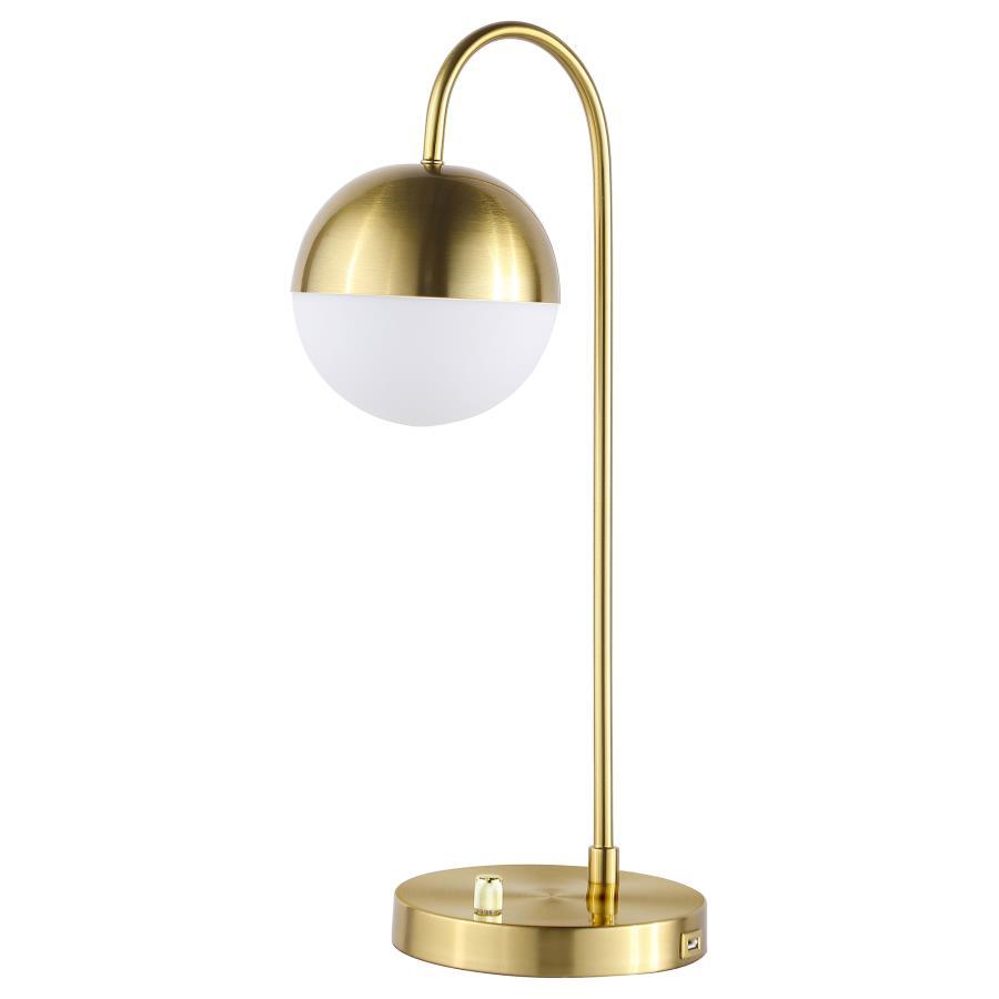 Merrick Spherical Arched Bedside Table Lamp – Vintage-Inspired Gold Finish with White Glass Globe, Slim J-Hook Arm, Round Base, and Built-In USB
