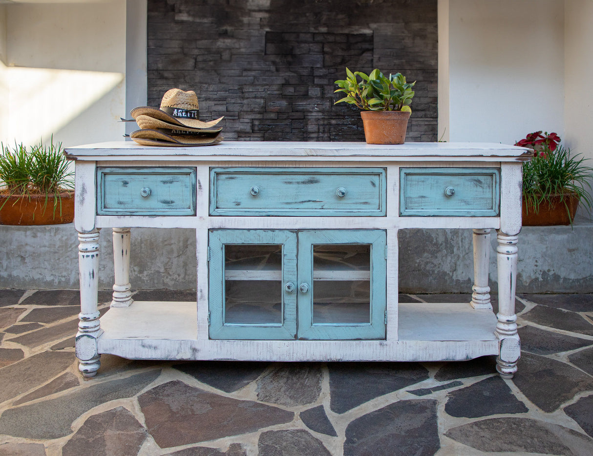 Aruba - TV Stand / Console With 3 Drawers And 2 Doors - Off White / Sky Blue