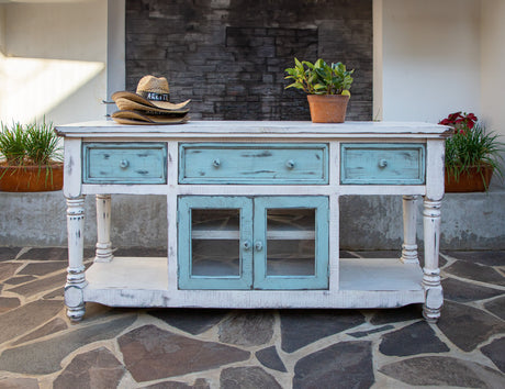 Aruba - TV Stand / Console With 3 Drawers And 2 Doors - Off White / Sky Blue