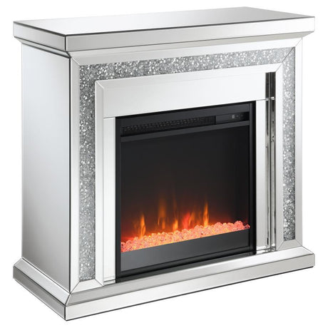 Lorelai Mirrored Freestanding Electric Fireplace – Silver with Crushed Crystal Accents, Glam Beveled Design, Heats up to 400 sq ft, Freestanding Mantel