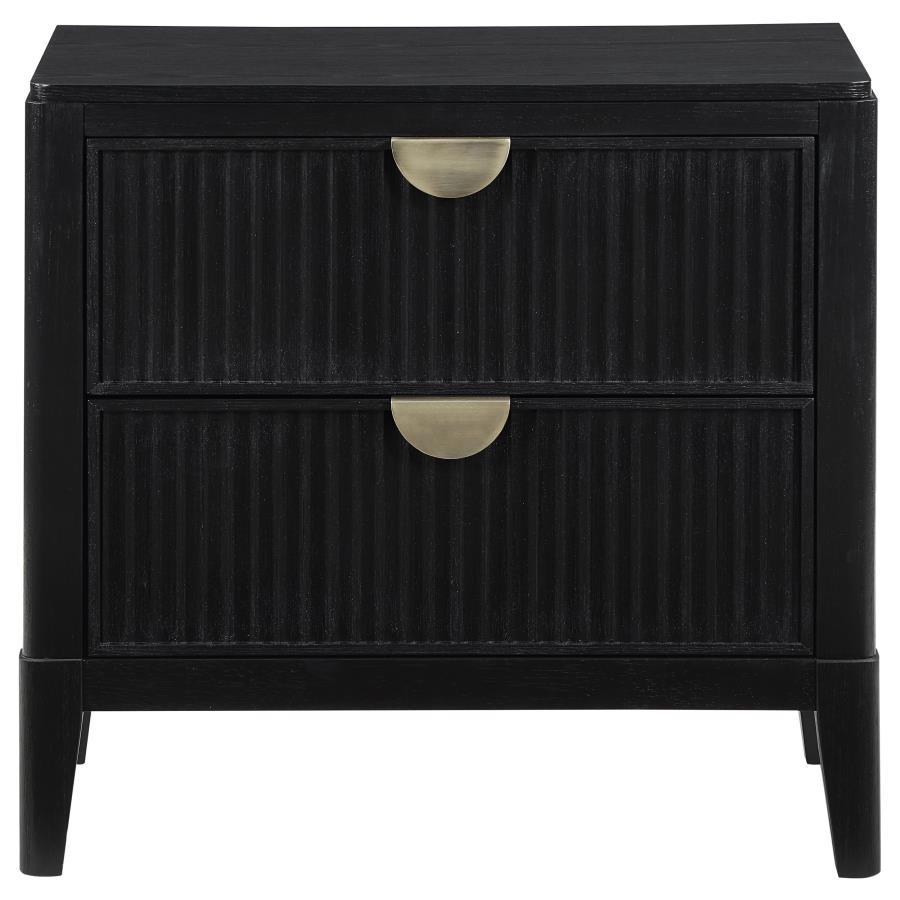 Brookmead 2-Drawer Nightstand – Modern Black Bedroom Accent with Felt-Lined Drawers, Fluted Design, and Elegant Metallic Half-Moon Pulls