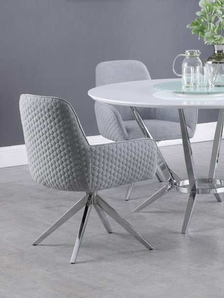 Abby Fabric Upholstered Swivel Dining Arm Chair in Light Gray, Mid-Century Modern Design, Honeycomb Quilted Exterior, Chrome 360° Swivel Base