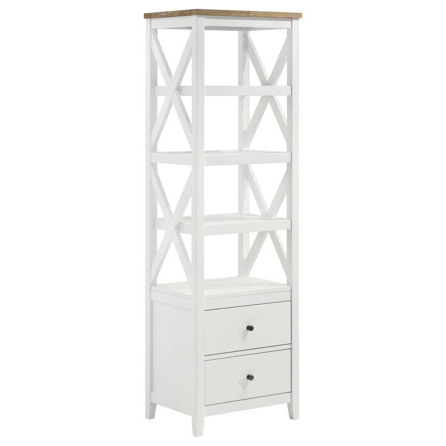 Hollis 4-Shelf Wood Media Tower with Drawers – White Frame & Brown Ash Veneer Top, Rustic Farmhouse Cottage Coastal Modern Storage Bookcase Cabinet