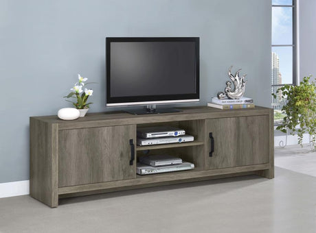 Burke 2-Door Engineered Wood TV Stand - Gray Driftwood Finish, Modern Entertainment Console with Open Shelves, Side Cabinets, Durable and Stylish