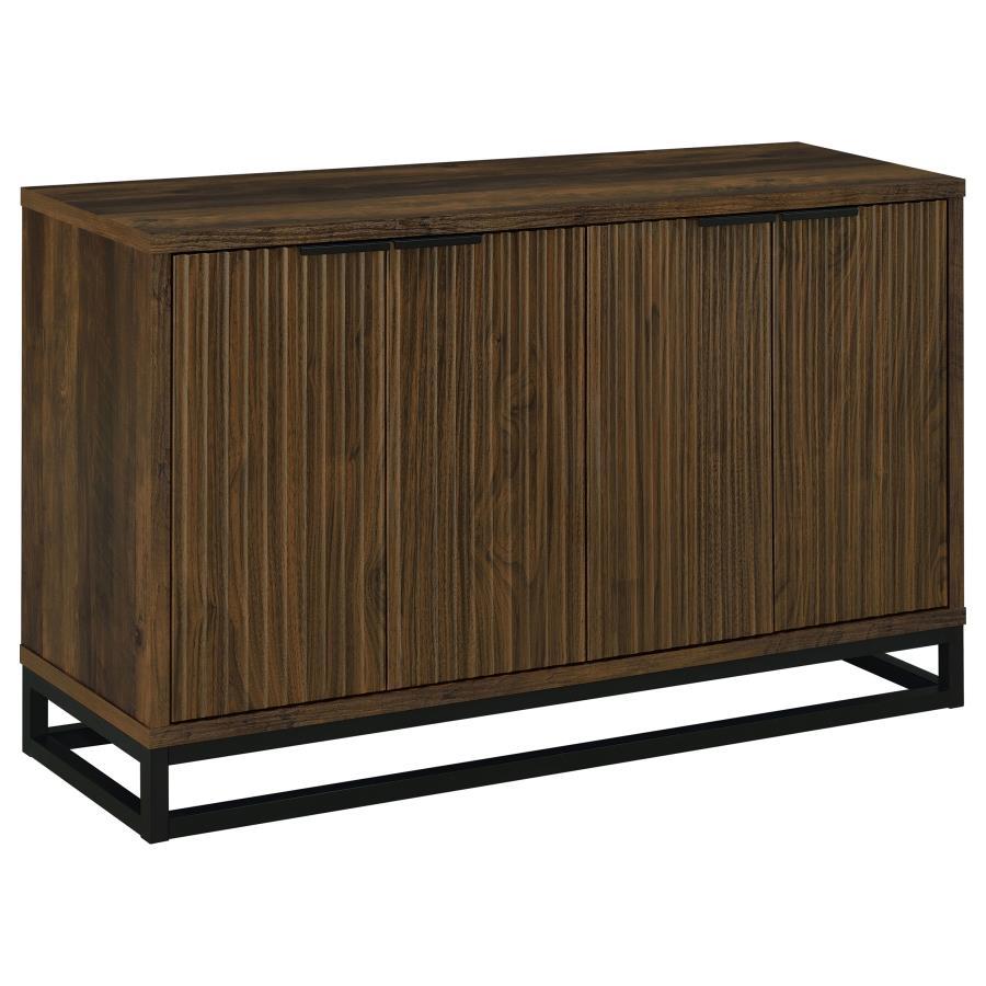 Ryatt 4-Door Engineered Wood Accent Cabinet – Dark Pine Finish, Fluted Door Fronts, Black Metal Base, Rustic Storage for Dining or Living Room