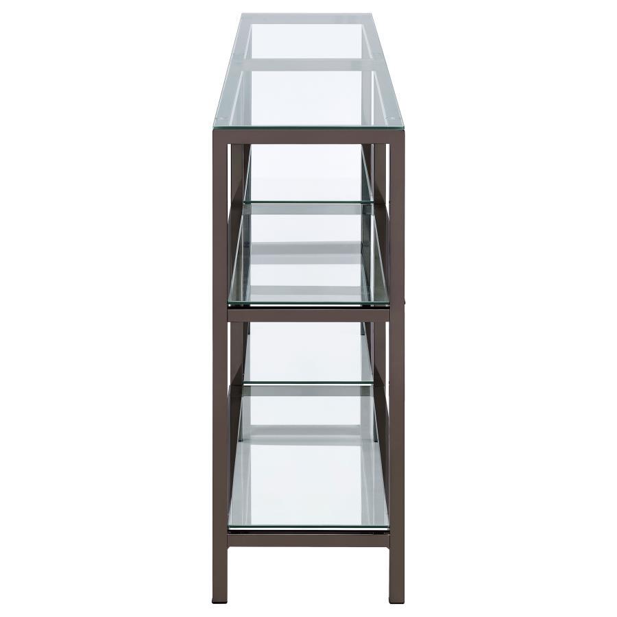 Kate Console Bookcase – Modern Black Nickel Steel Frame with Tempered Glass Shelves, 4-Shelf Display Unit for Books, Décor, and Photographs