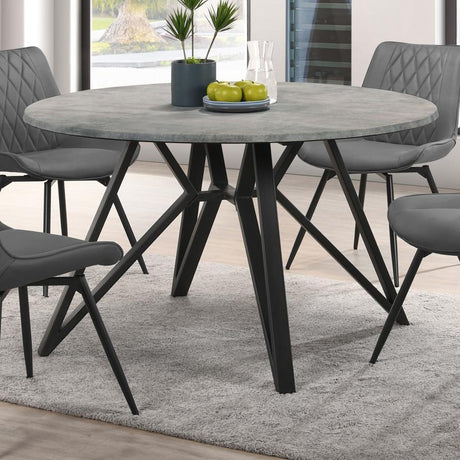 Neil Round Smart Top Dining Table – Industrial Modern Design, Concrete-Look Laminate, Gunmetal Finish, Butterfly Iron Base, Retro-Inspired Dining