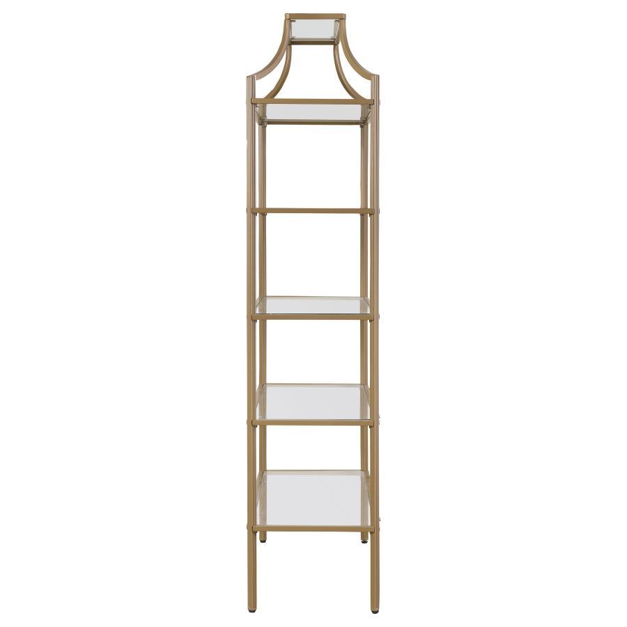 Serena 5-Shelf Glass Bookshelf in Gold – Contemporary Tall Bookcase with Tempered Glass Shelves, Modern Open Display and Storage Unit
