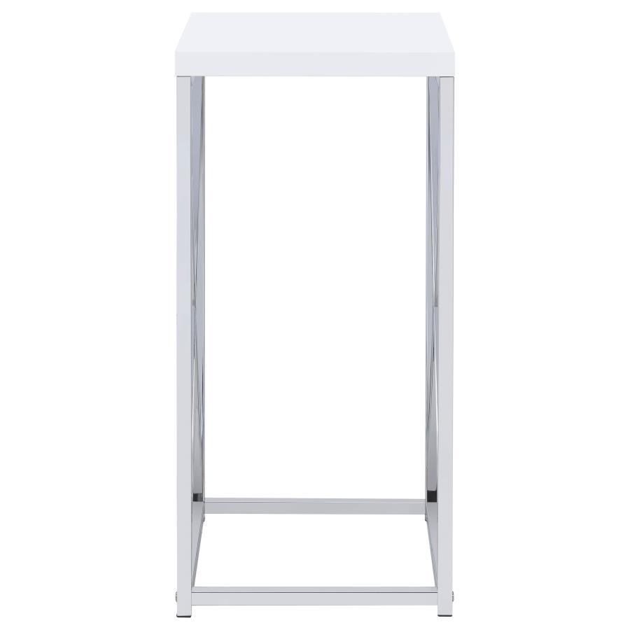 Edmund Square Accent Side Table – White High Gloss Top with Chrome X-Frame Base, Modern End Table for Living Room, Bedroom, or Sitting Area