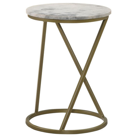 Malthe Round Marble Top Accent Side Table – White Solid Marble with Antique Gold Metal Base, Compact Nightstand or Side Table for Living Room