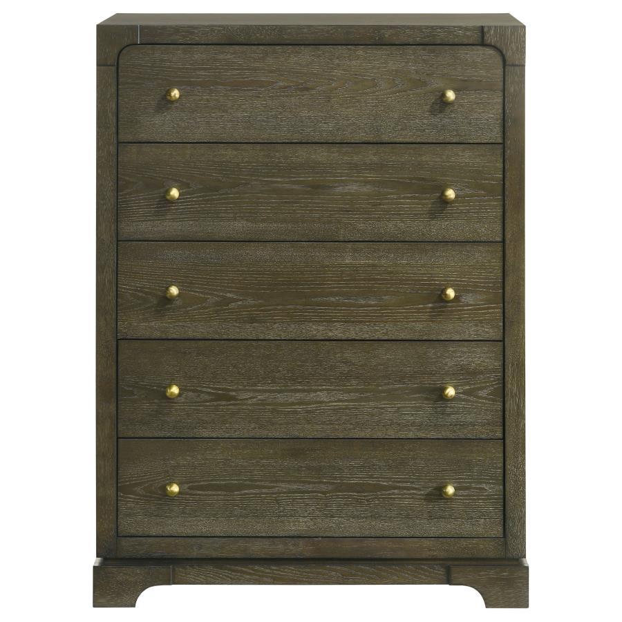 Gran Park 5-Drawer Bedroom Chest of Drawers in Dark Cocoa – Solid Wood Transitional Design with Felt-Lined Top Drawers & Brass Knobs