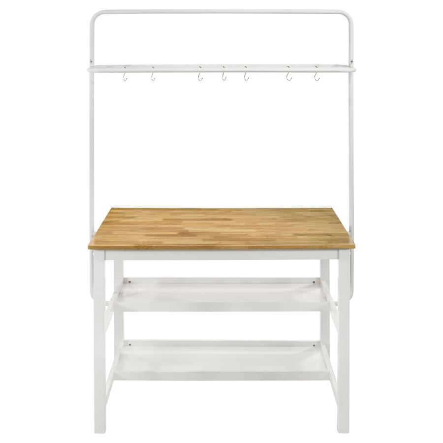 Edgeworth 3-Piece Kitchen Island Counter Height Table Set – White Base, Natural Asian Hardwood Top, Two Stools, Upper Pot Rack, 10 Hooks, Farmhouse Style