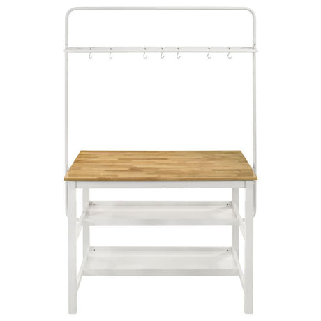 Edgeworth 3-Piece Kitchen Island Counter Height Table Set – White Base, Natural Asian Hardwood Top, Two Stools, Upper Pot Rack, 10 Hooks, Farmhouse Style