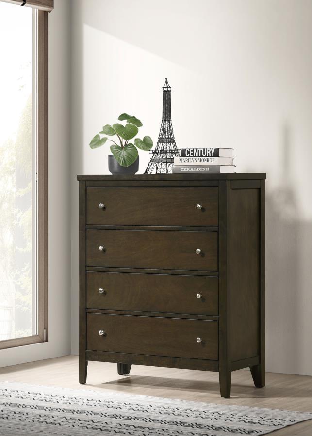 Wilkes 4-Drawer Chest of Drawers – Dark Cocoa Finish, Vertical Detail Design, Brushed Nickel Hardware, Modern Storage Dresser, Durable Bedroom Furniture