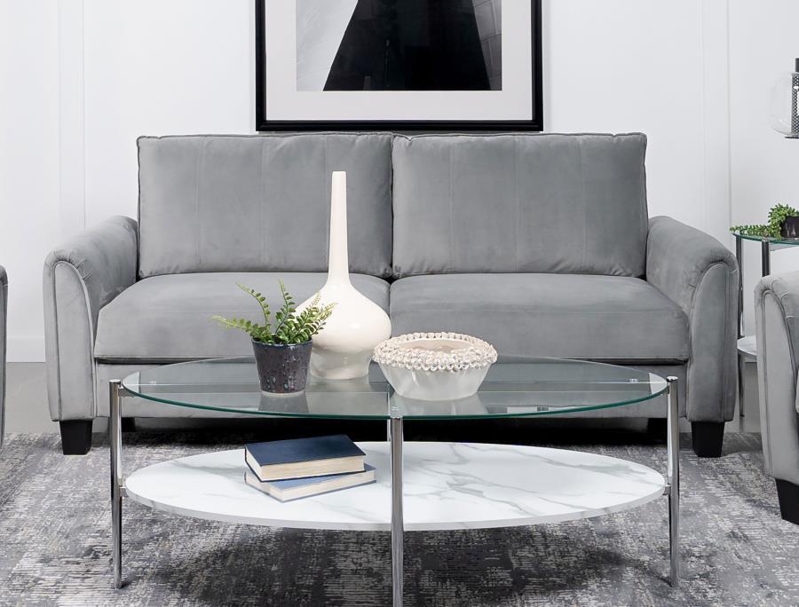 Davis Upholstered Rolled Arm Sofa – Gray Velvet-Like Fabric, Reversible Back Cushions, Pleated Arms, Block Feet, Modern Living Room Sofa