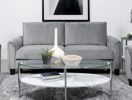 Davis Upholstered Rolled Arm Sofa – Gray Velvet-Like Fabric, Reversible Back Cushions, Pleated Arms, Block Feet, Modern Living Room Sofa