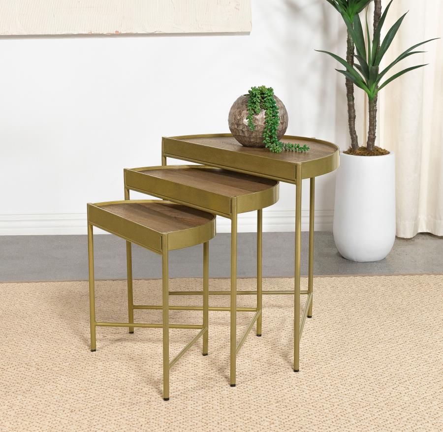 Tristen 3-Piece Demilune Nesting Table Set – Brown and Gold Half-Moon Mango Wood Tables with Chic Gold Iron Frames for Living Room or Entryway